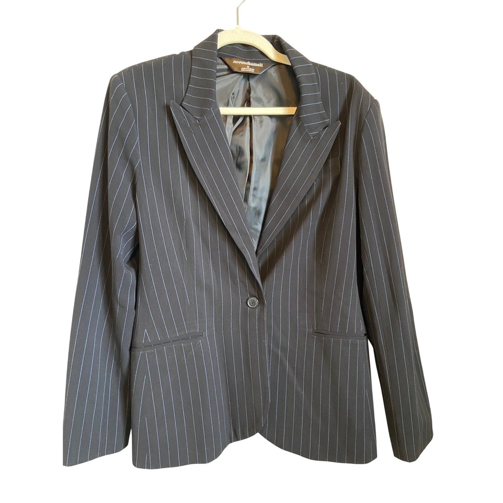 Norma Kamali Indigo Pinstripe Single Button Blazer Peak Lapel Navy Blue Size 16